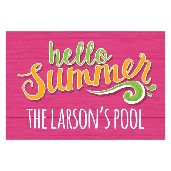 Personalized Planet 27x18 Hello Summer Doormat with Custom Personalization Printed on Pink Rectangular 1/8” Thick Non Slip Mat for Kitchen Hallway Deck or Porch