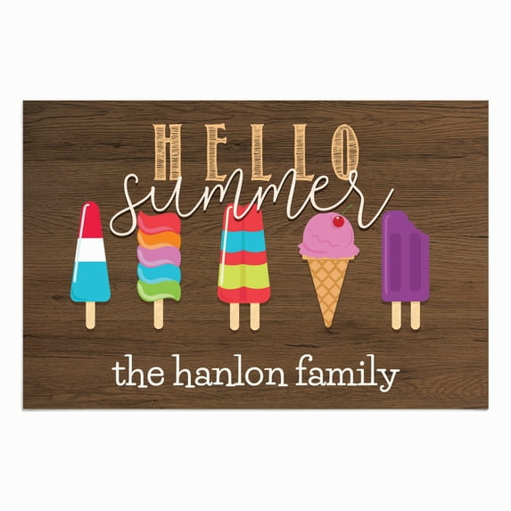 Personalized Planet 27x18 Hello Summer Ice Cream Doormat with Custom Family Name Printed on Brown Rectangular 1/4” Thick Non Slip Mat for Kitchen Hallway Deck or Porch
