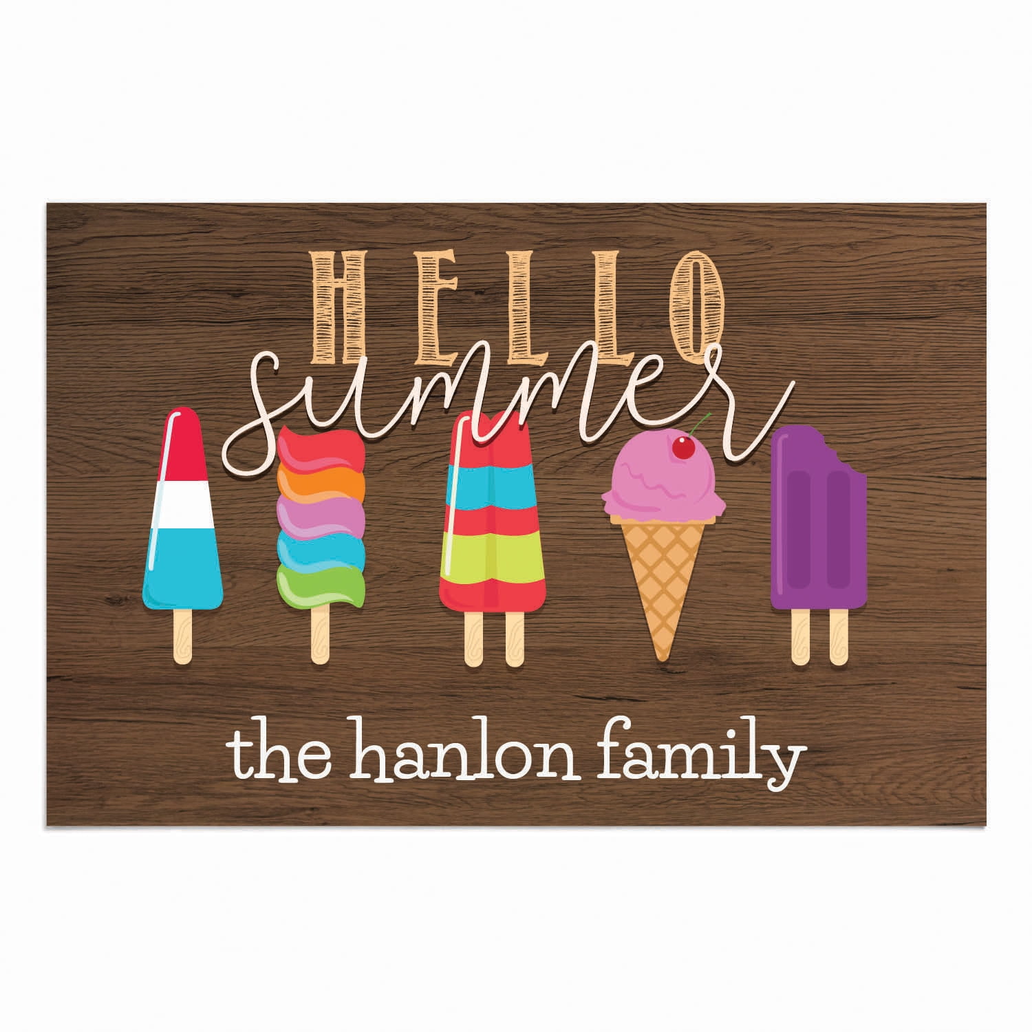 Personalized Planet 27x18 Hello Summer Ice Cream Doormat with Custom Family Name Printed on Brown Rectangular 1/8” Thick Non Slip Mat for Kitchen Hallway Deck or Porch