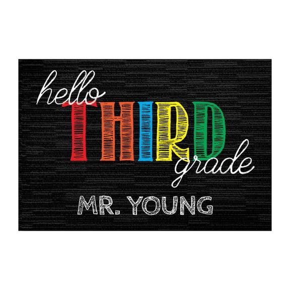 Personalized Planet 27x18 Hello Third Grade Doormat with Custom Teacher Name Printed on Black Rectangular 1/8” Thick Non Slip Mat for School Classroom or Home