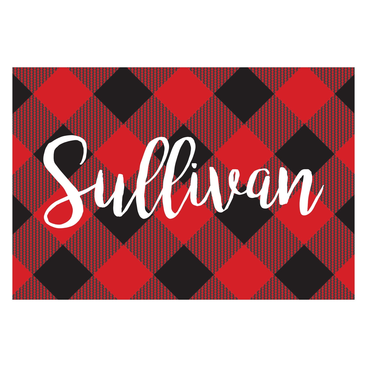 Personalized Planet 27x18 Holiday Plaid Doormat with Custom Name Printed on Red and Black Rectangular 1/4” Thick Non Slip Mat for Kitchen Hallway Deck or Porch