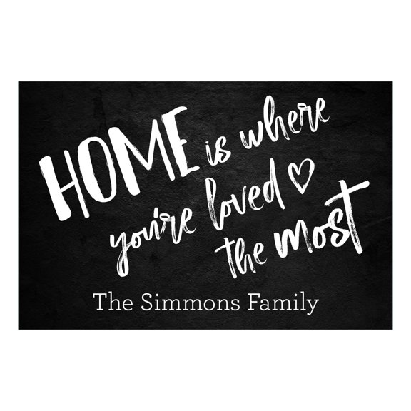 Personalized Planet 27x18 Home is Where You're Loved the Most Doormat with Custom Family Name Printed on Black Rectangular 1/4” Thick Non Slip Mat for Kitchen Hallway Deck or Porch
