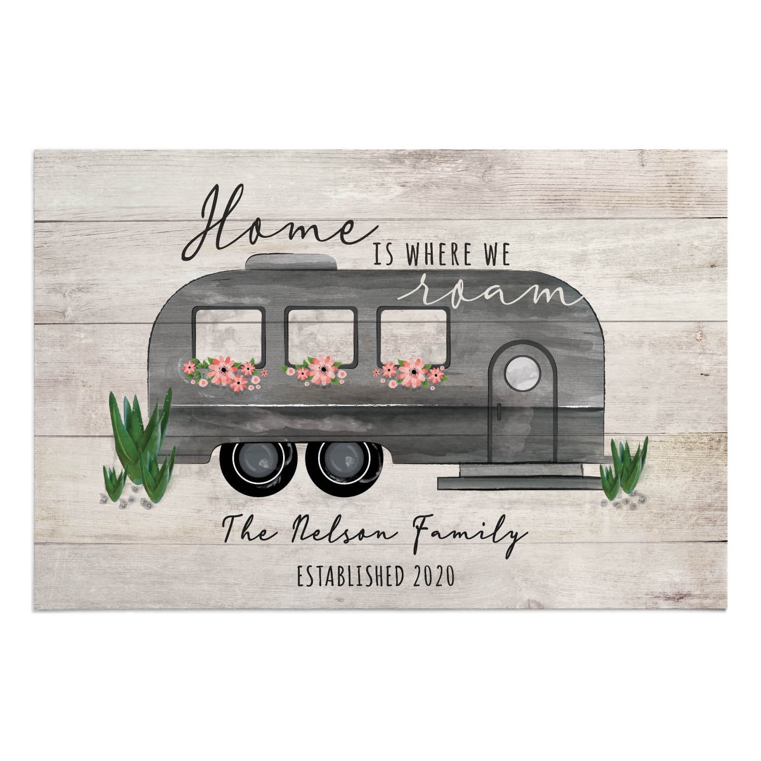Personalized Planet 27x18 Home Is Where We Roam Camper Doormat with Custom Personalization Printed on Light Gray Rectangular 1/4” Thick Non Slip Mat for Kitchen Hallway Deck or Porch
