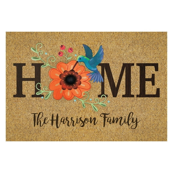 Personalized Planet 27x18 Home Spring Hummingbird Doormat with Custom Family Name Printed on Brown Rectangular 1/4” Thick Non Slip Mat for Kitchen Hallway Deck or Porch