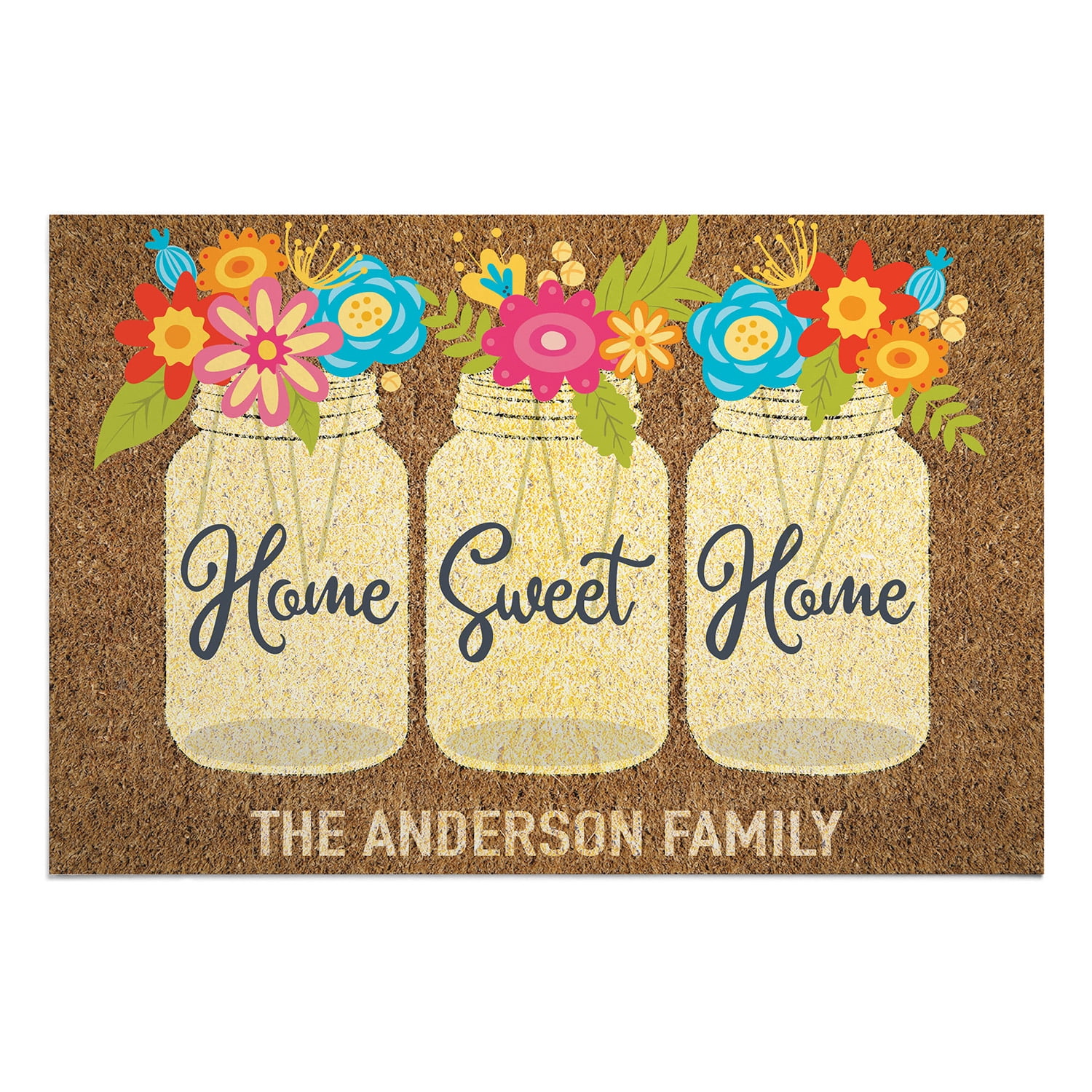 Personalized Planet 27x18 Home Sweet Home Mason Jars with Spring Flowers Doormat with Custom Family Name Printed on Brown Rectangular 1/4” Thick Non Slip Mat for Kitchen Hallway Deck or Porch