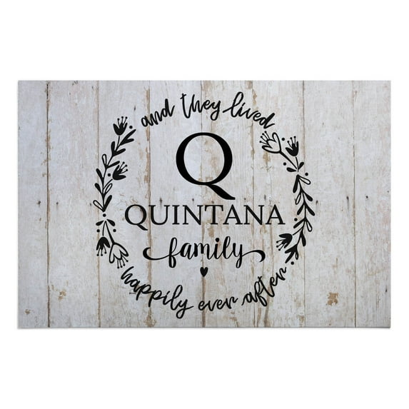 Personalized Planet 27x18 And They Lived Happily Ever After Light Doormat with Custom Initial and Family Name Printed on Gray Rectangular 1/8” Thick Non Slip Mat for Kitchen Hallway Deck or Porch