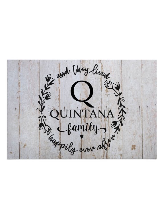 27x18 And They Lived Happily Ever After Light Doormat with Custom Initial and Family Name Printed on Gray Rectangular 1/8” Thick Non Slip Mat for Kitchen Hallway Deck or Porch