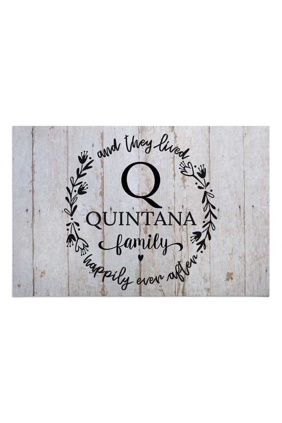 27x18 And They Lived Happily Ever After Light Doormat with Custom Initial and Family Name Printed on Gray Rectangular 1/8” Thick Non Slip Mat for Kitchen Hallway Deck or Porch