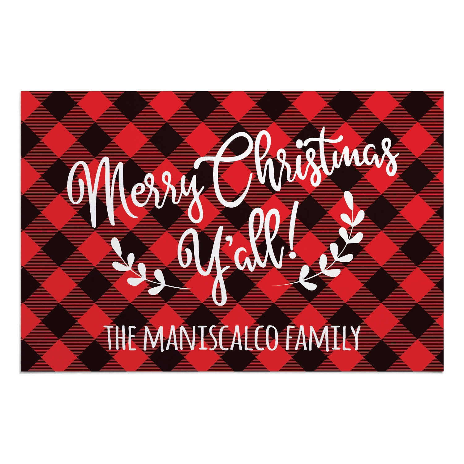 Personalized Planet 27x18 Marry Christmas Ya'll Holiday Doormat with Custom Family Name Printed on Red and Black Plaid Rectangular 1/8” Thick Non Slip Mat for Kitchen Hallway Deck or Porch