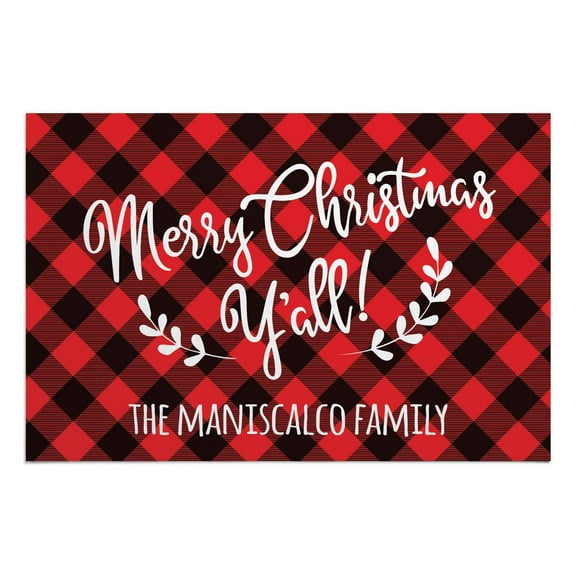 Personalized Planet 27x18 Marry Christmas Ya'll Holiday Doormat with Custom Family Name Printed on Red and Black Plaid Rectangular 1/8 Thick Non Slip Mat for Kitchen Hallway Deck or Porch