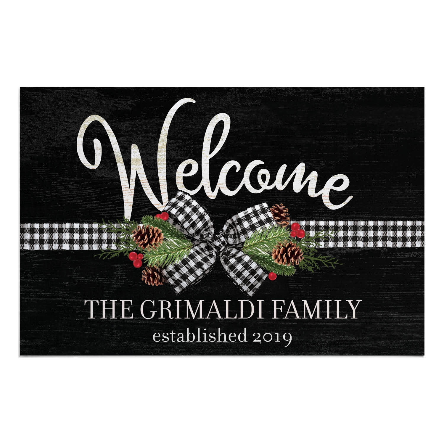 Personalized Planet 27x18 Plaid Christmas Bow and Pine Welcome Doormat with Custom Personalization Printed on Black Rectangular 1/8” Thick Non Slip Mat for Kitchen Hallway Deck or Porch