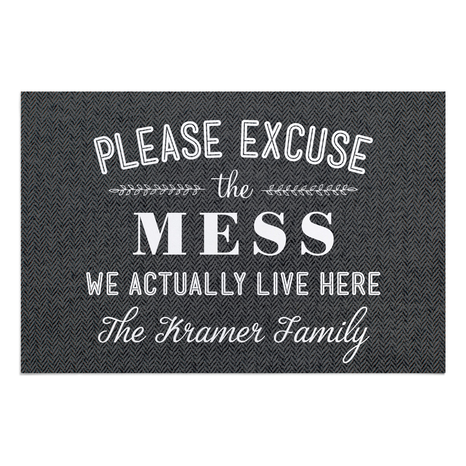 Personalized Planet 27x18 Please Excuse The Mess We Actually Live Here Doormat with Custom Family Name Printed on Gray Rectangular 1/8” Thick Non Slip Mat for Kitchen Hallway Deck or Porch