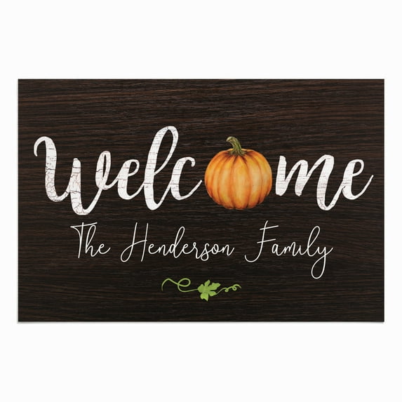 Personalized Planet 27x18 Pumpkin Welcome Doormat with Custom Family Name Printed on Black Rectangular 1/4” Thick Non Slip Mat for Kitchen Hallway Deck or Porch