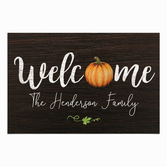 Personalized Planet 27x18 Pumpkin Welcome Doormat with Custom Family Name Printed on Black Rectangular 1/8” Thick Non Slip Mat for Kitchen Hallway Deck or Porch