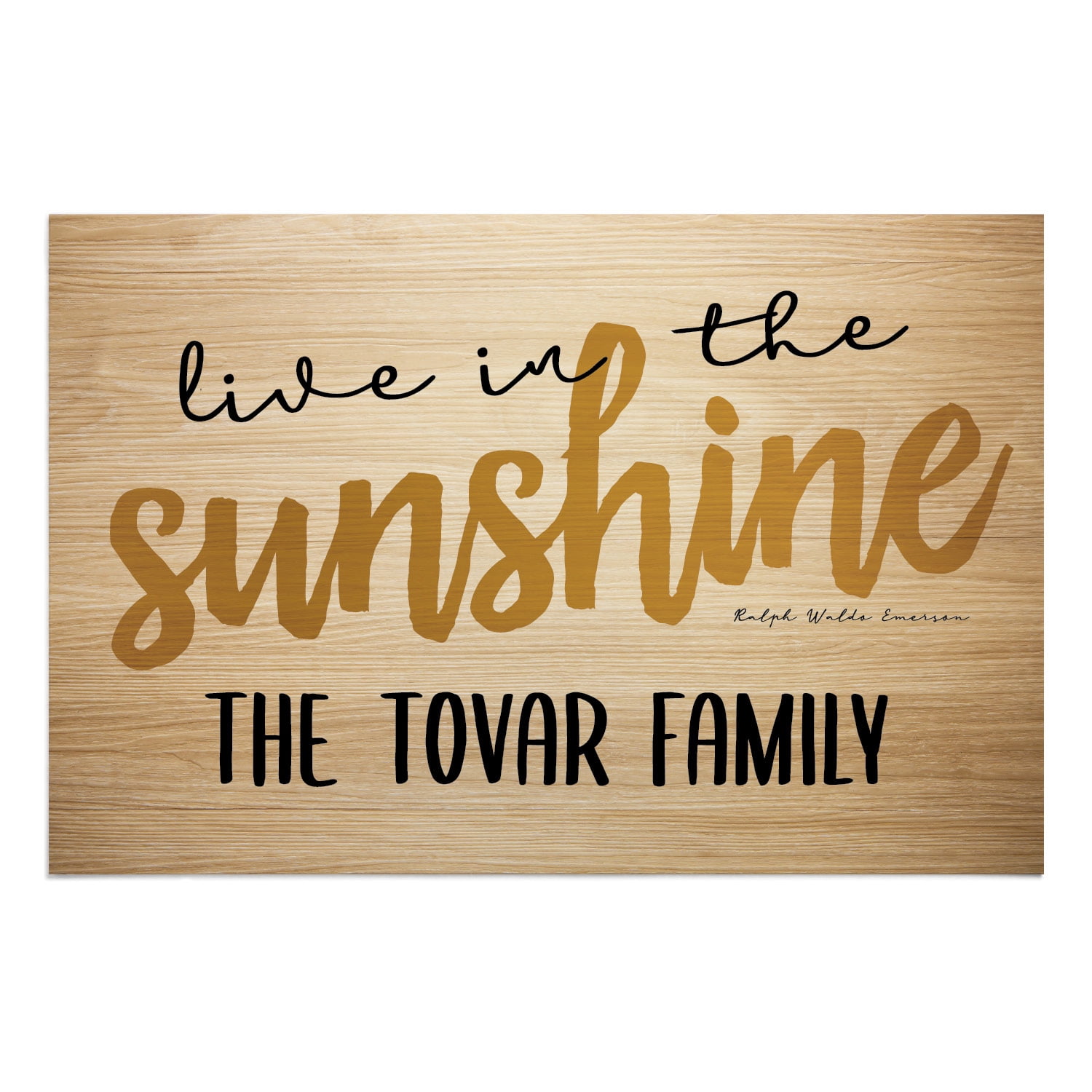 Personalized Planet 27x18 Ralph Waldo Emerson Live in The Sunshine Doormat with Custom Family Name Printed on Light Brown Rectangular 1/4” Thick Non Slip Mat for Kitchen Hallway Deck or Porch