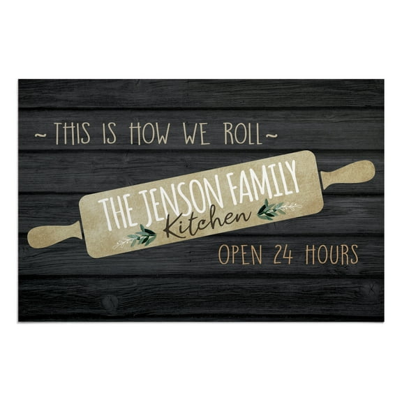 Personalized Planet 27x18 This is How We Roll Open Hours Kitchen Rolling Pin Doormat with Custom Family Name Printed on Dark Gray Rectangular 1/8 Thick Non Slip Mat for Kitchen Hallway Deck or Porch