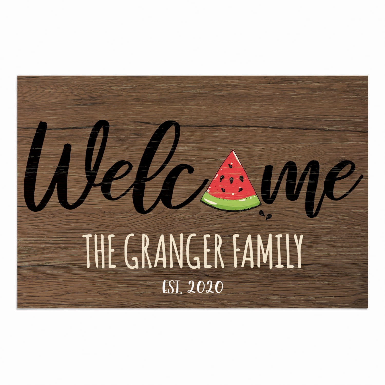 Personalized Planet 27x18 Watermelon Welcome Doormat with Custom Personalization Printed on Brown Rectangular 1/4” Thick Non Slip Mat for Kitchen Hallway Deck or Porch