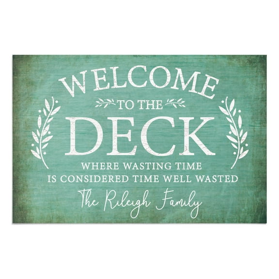 Personalized Planet 27x18 Welcome To The Deck Where Wasting Time is Considered Time Well Wasted Doormat with Custom Name Printed on Blue Rectangular 1/8” Thick Non Slip Mat