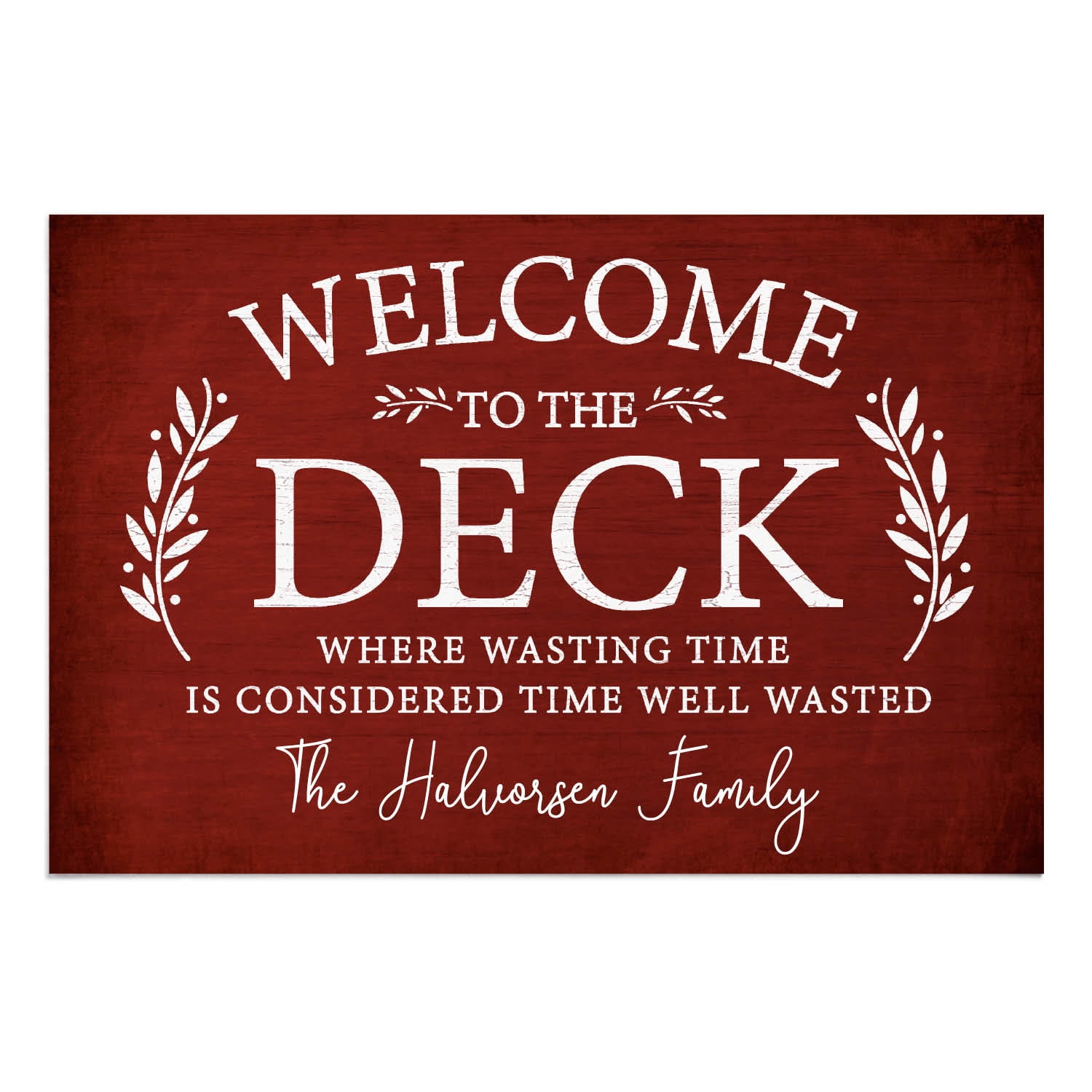 Personalized Planet 27x18 Welcome To The Deck Where Wasting Time is Considered Time Well Wasted Doormat with Custom Name Printed on Red Rectangular 1/8” Thick Non Slip Mat