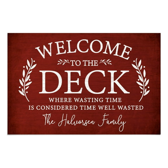 Personalized Planet 27x18 Welcome To The Deck Where Wasting Time is Considered Time Well Wasted Doormat with Custom Name Printed on Red Rectangular 1/8” Thick Non Slip Mat