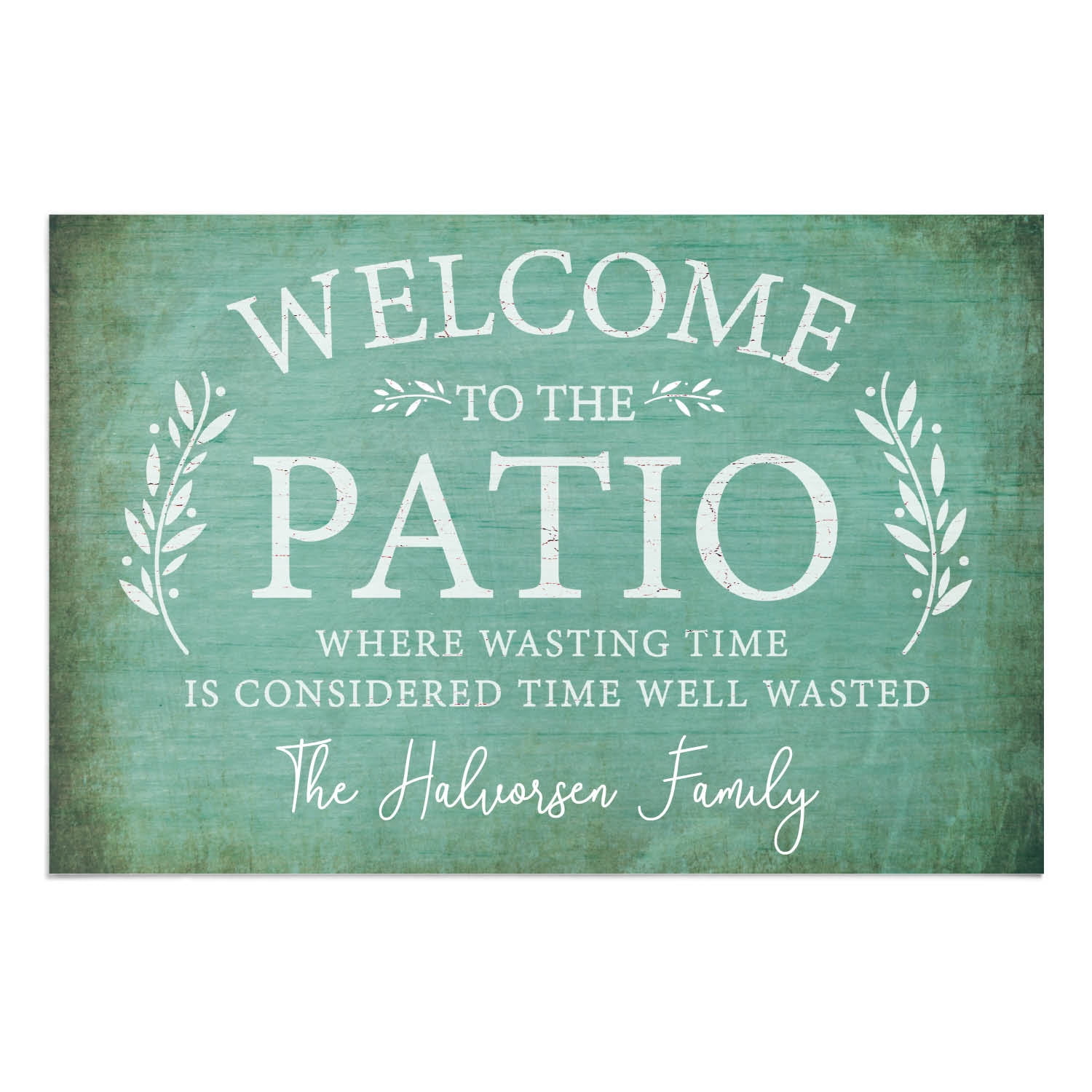 Personalized Planet 27x18 Welcome To The Patio Where Wasting Time is Considered Time Well Wasted Doormat with Custom Name Printed on Blue Rectangular 1/8” Thick Non Slip Mat