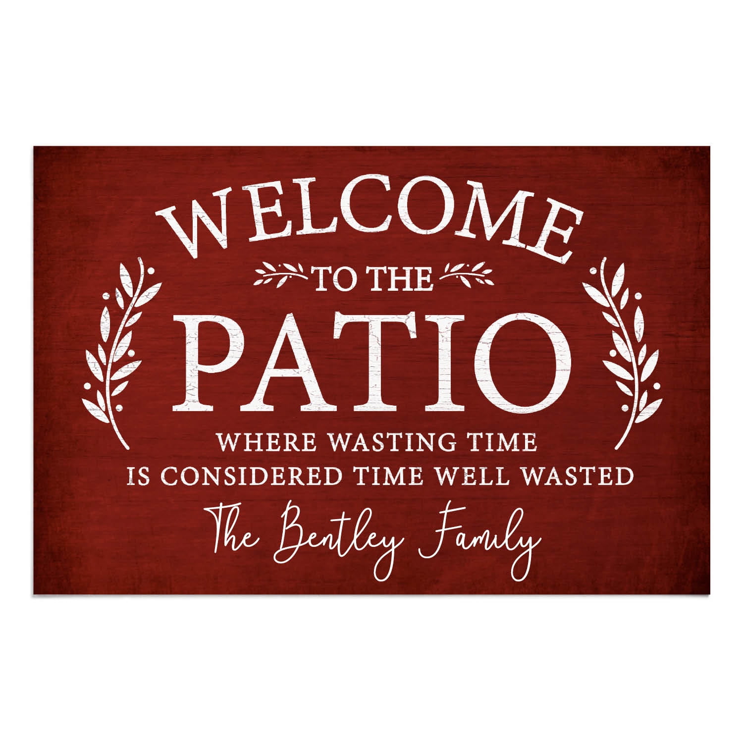 Personalized Planet 27x18 Welcome To The Patio Where Wasting Time is Considered Time Well Wasted Doormat with Custom Name Printed on Red Rectangular 1/4” Thick Non Slip Mat