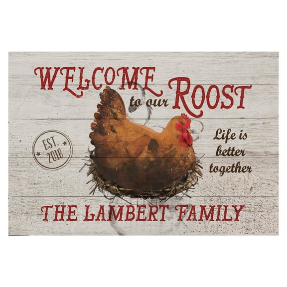 Personalized Planet 27x18 Welcome to our Roost Life is Better Together Doormat with Custom Family Name Printed on Off-White Rectangular 1/8 Thick Non Slip Mat for Kitchen Hallway Deck or Porch