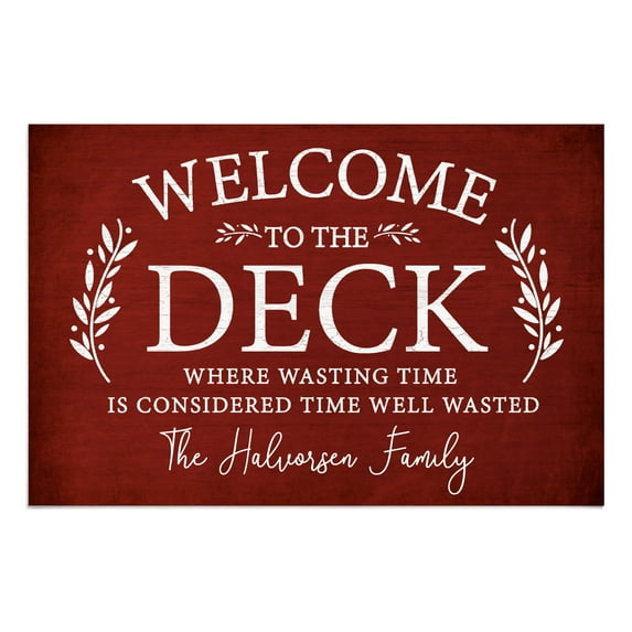 Personalized Planet 27x18 Welcome To The Deck Where Wasting Time is Considered Time Well Wasted Doormat with Custom Name Printed on Red Rectangular 1/4” Thick Non Slip Mat