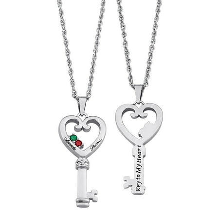 Personalized Planet Couple's Name & Birthstone Heart Key Diamond Accent Necklace ,Women's