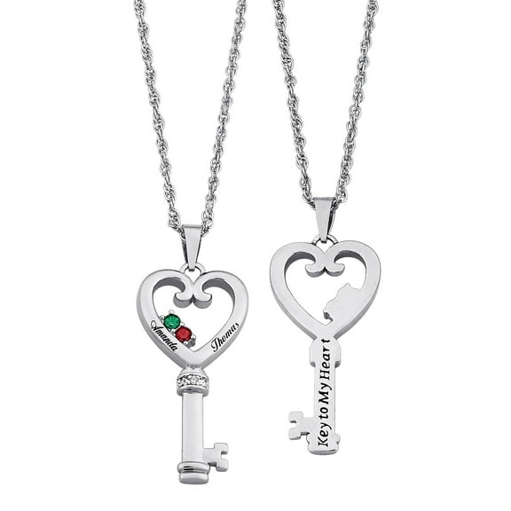 Personalized Planet Couple's Name & Birthstone Heart Key Diamond Accent Necklace ,Women's