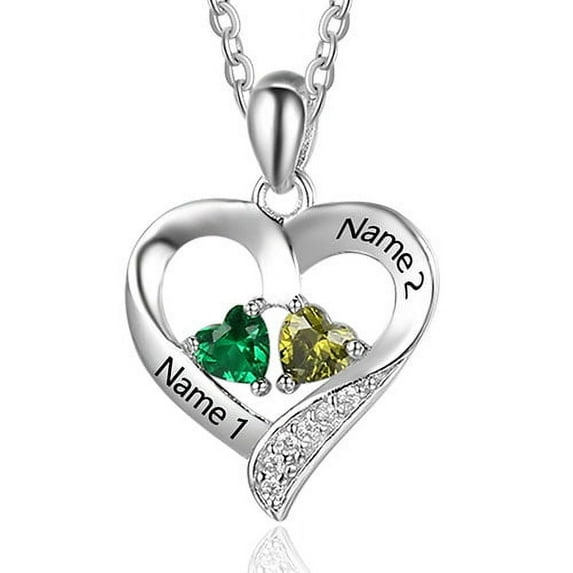 Personalized Planet Couples Sterling Silver Double Heart Birthstone with CZ Necklace, Women's