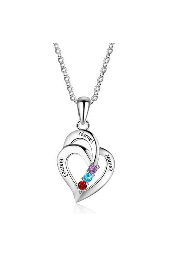 Couples Sterling Silver Engraved Birthstone Double Heart Necklace ,Women's