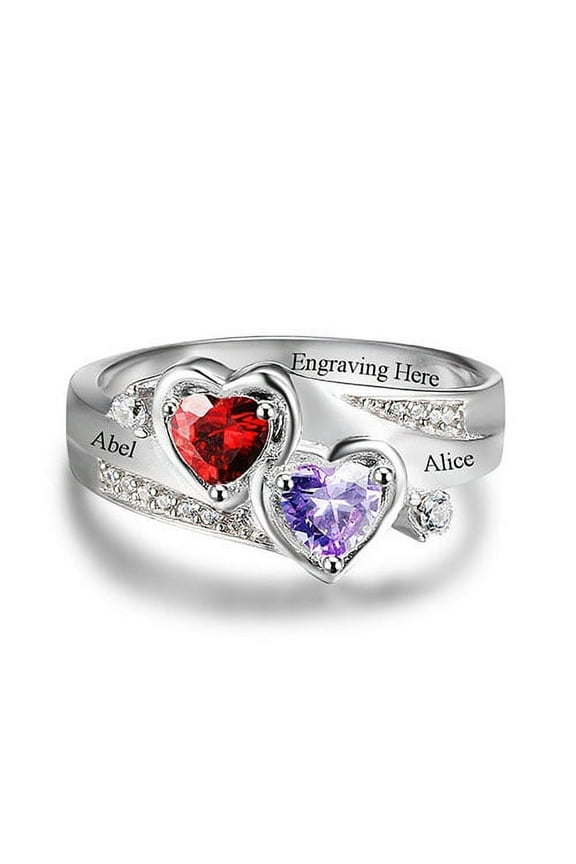 Couples Sterling Silver Engraved Double Heart Birthstone and CZ Ring ,Women's