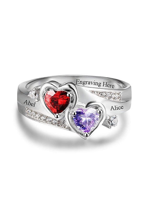 Couples Sterling Silver Engraved Double Heart Birthstone and CZ Ring ,Women's