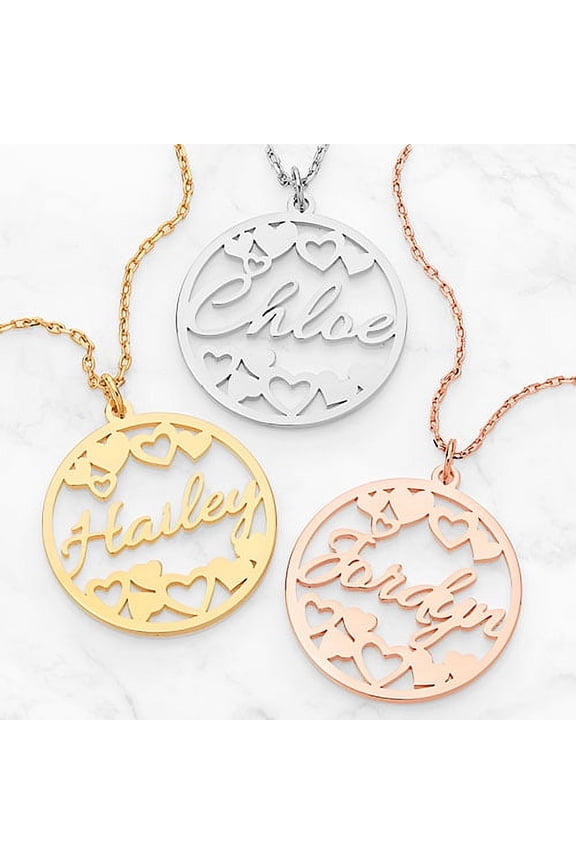 Cutout Name and Hearts Disc Necklace ,Women's