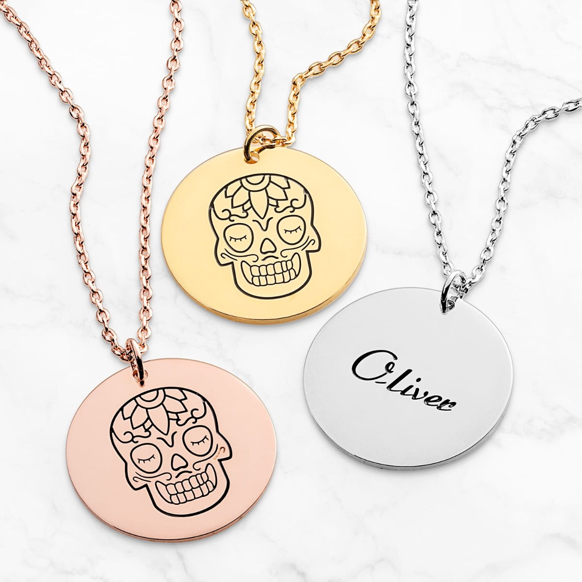 Personalized Planet Dia de Los Muertos Engraved Skull Necklace ,Women's