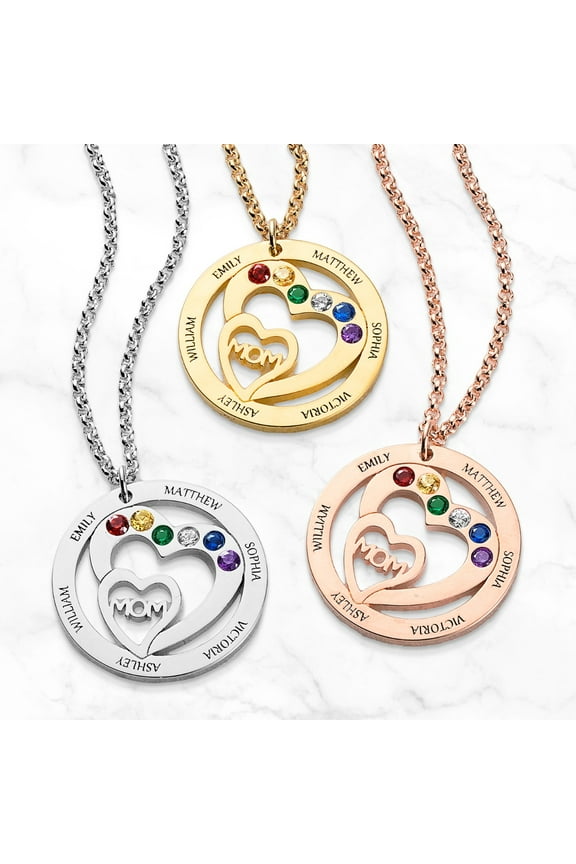 Engraved Name and Birthstone with Mom Heart Necklace ,Women's