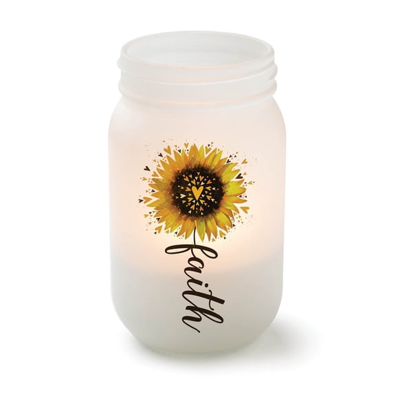 Personalized Planet Faith Sunflower Frosted Glass Mason Jar Spiritual Votive Candle Holder for Hallway Display or Tabletop Décor, 17oz 3.5x4.5