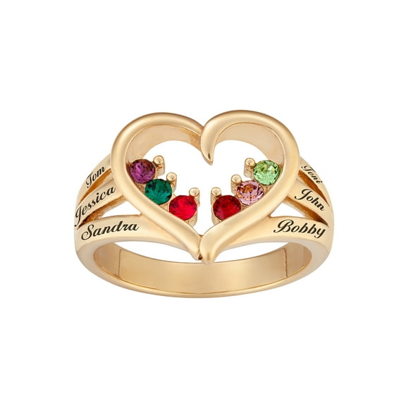 Personalized Planet Family Sterling Silver or 18kt Gold over Sterling Birthstone Heart and Name Ring ,Women's