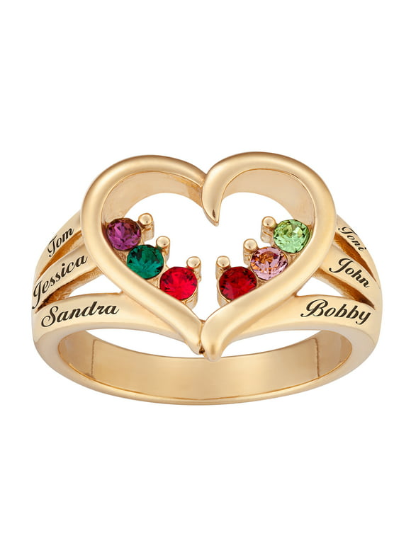 Personalized Planet Family Sterling Silver or 18kt Gold over Sterling Birthstone Heart and Name Ring ,Women's