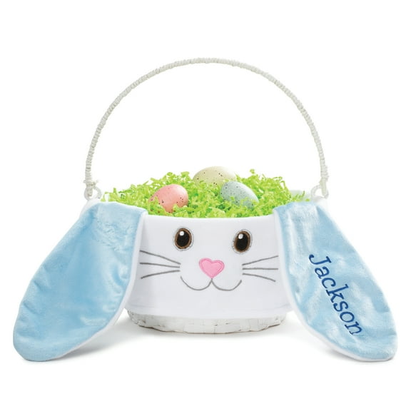 Personalized Planet Floppy Ear Boy Bunny Liner with Custom Name Embroidered in Blue Thread on White Woven Spring Easter Basket with Collapsible Handle for Egg Hunt or Book Toy Storage