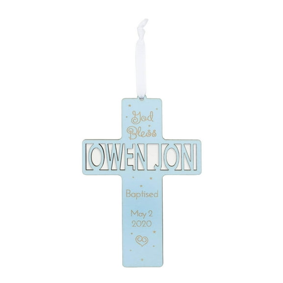 Personalized Planet God Bless Blue Baptism Wood Cross Keepsake for Baby Boy with Custom Personalization and Ready to Hang, 5x7