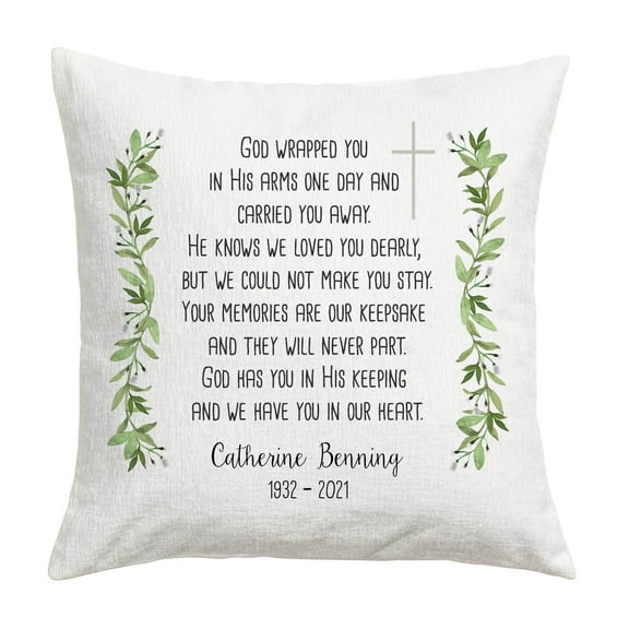 Personalized Planet God Wrapped You in His Arms Memorial Throw Pillow with Custom Name and Years Printed | Square Removable Cover | Spiritual Decorative Accent | 17" x 17"