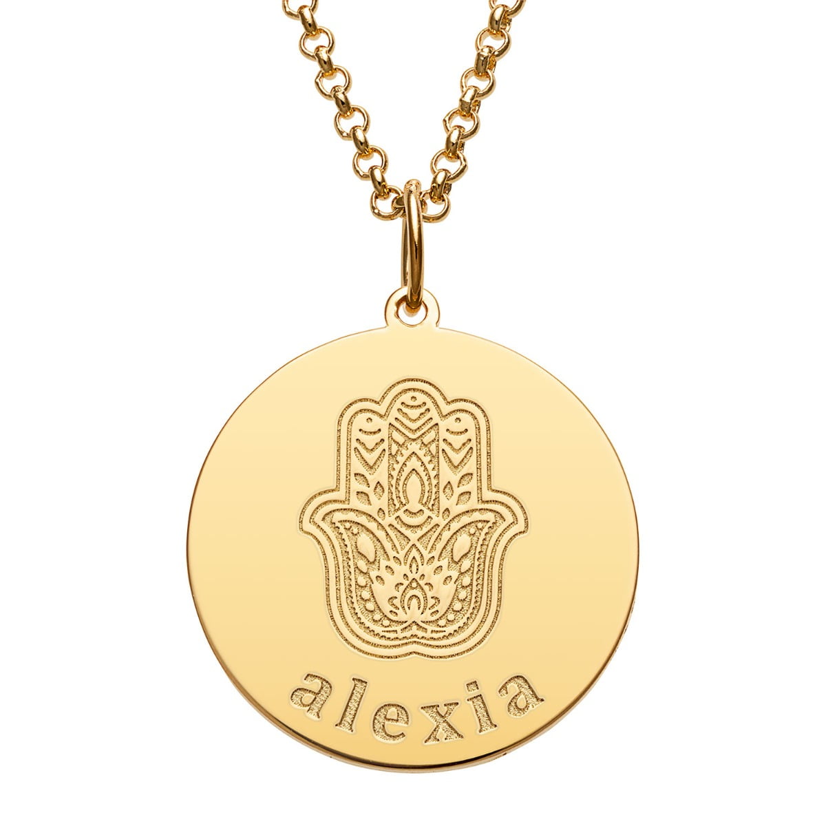 Personalized Planet Goldtone Engraved Name and Hamsa Hand Disc Necklace ,Women's
