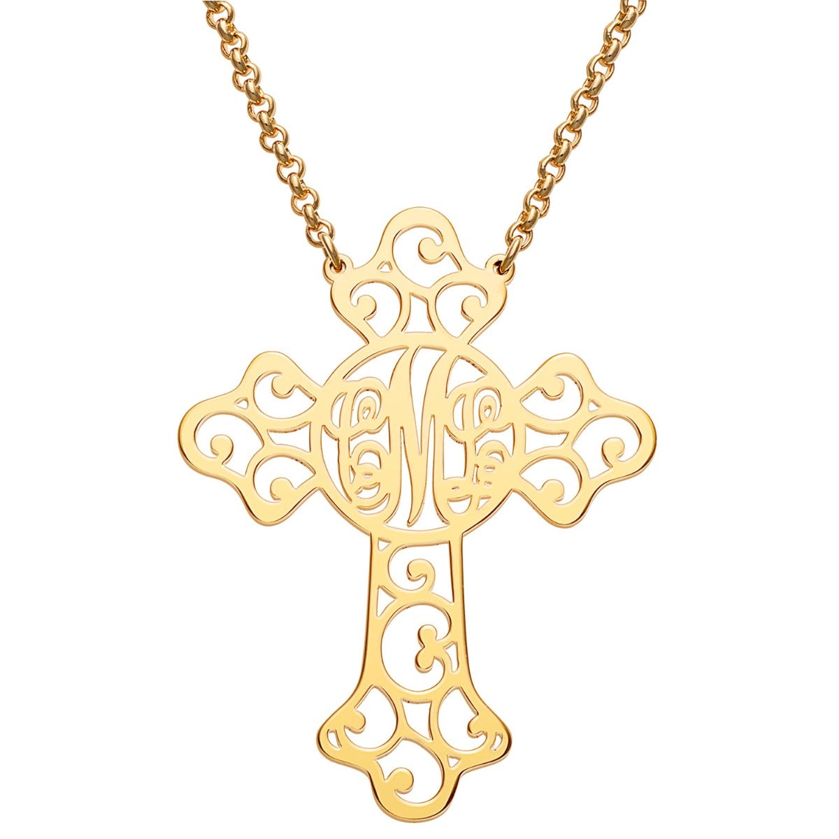 Personalized Planet Goldtone Filigree Cross with Monogram Necklace ,Women's