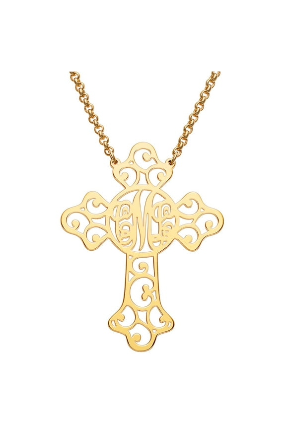 Goldtone Filigree Cross with Monogram Necklace ,Women's