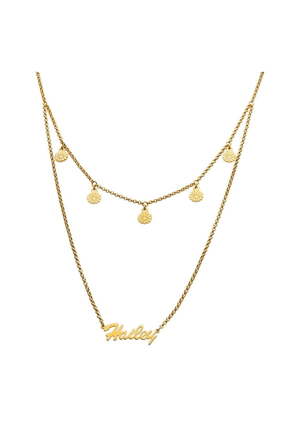 Goldtone Layered Name Necklace with Flower Charms ,Women's