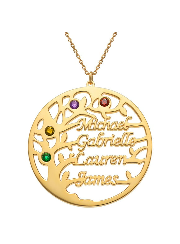 Personalized Planet Goldtone Name and Birthstone Family Tree Necklace ,Women's