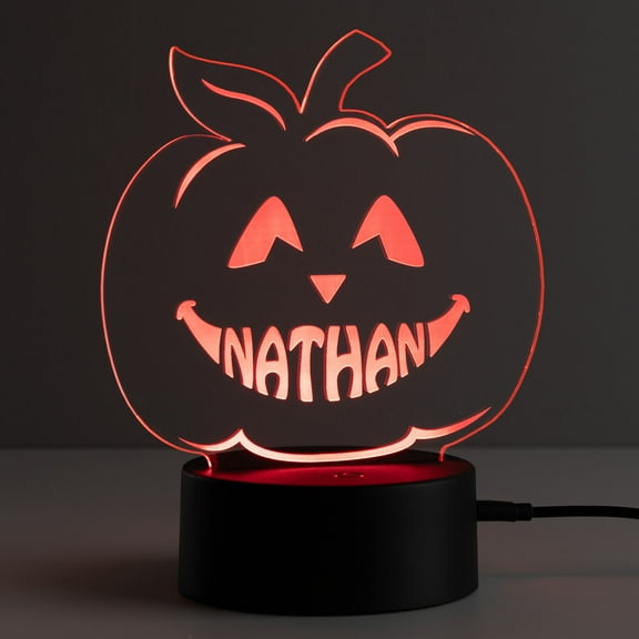 Personalized Planet Jack-O-Lantern Pumpkin Multicolor LED Halloween Night Light with Custom Name Laser Engraved on Acrylic Design Insert