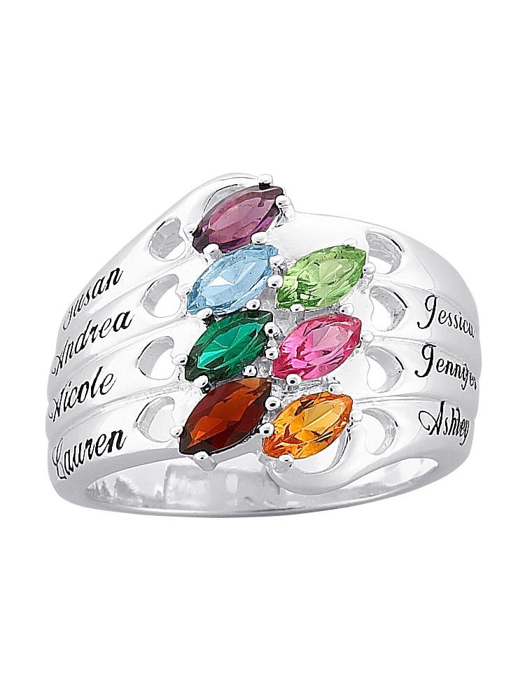 Personalized Planet Marquise Birthstone Ring, Silver Tone, Family Name Hearts, 8 Austrian Crystals